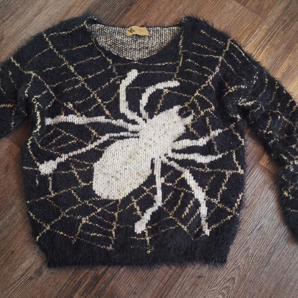 Black Fuzzy Crewneck Sweater with Cream Spider Graphic